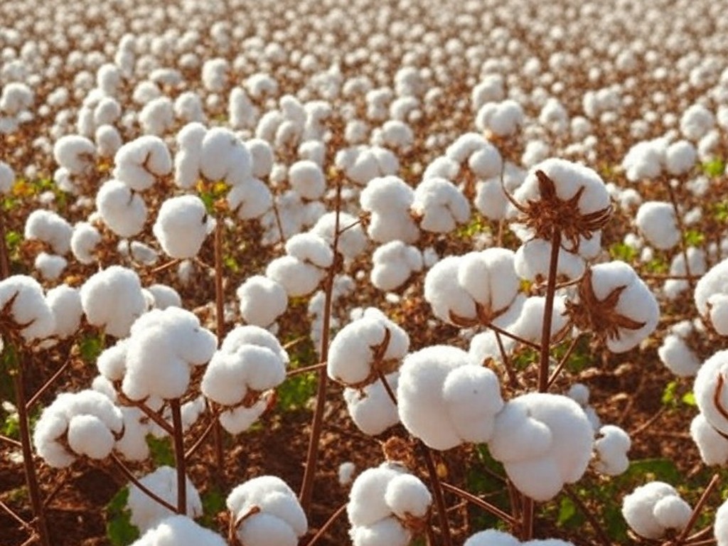 Plantação de algodão no Brasil com campos brancos e máquinas agrícolas, representando plantio acelerado e exportações recorde.