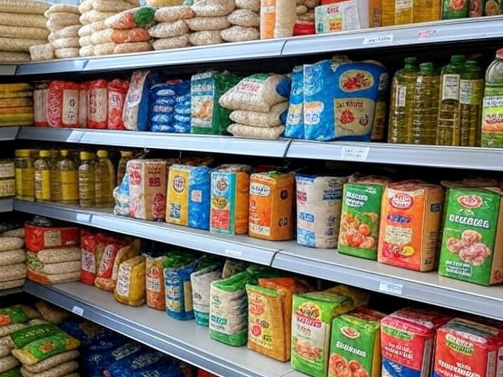 Cesta básica com alimentos como arroz, feijão e vegetais em supermercado brasileiro, ilustrando queda de preços nas capitais.