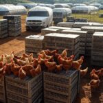 Granja de frangos no Rio Grande do Sul com caixas de exportação para a China, após fim de embargo sanitário.
