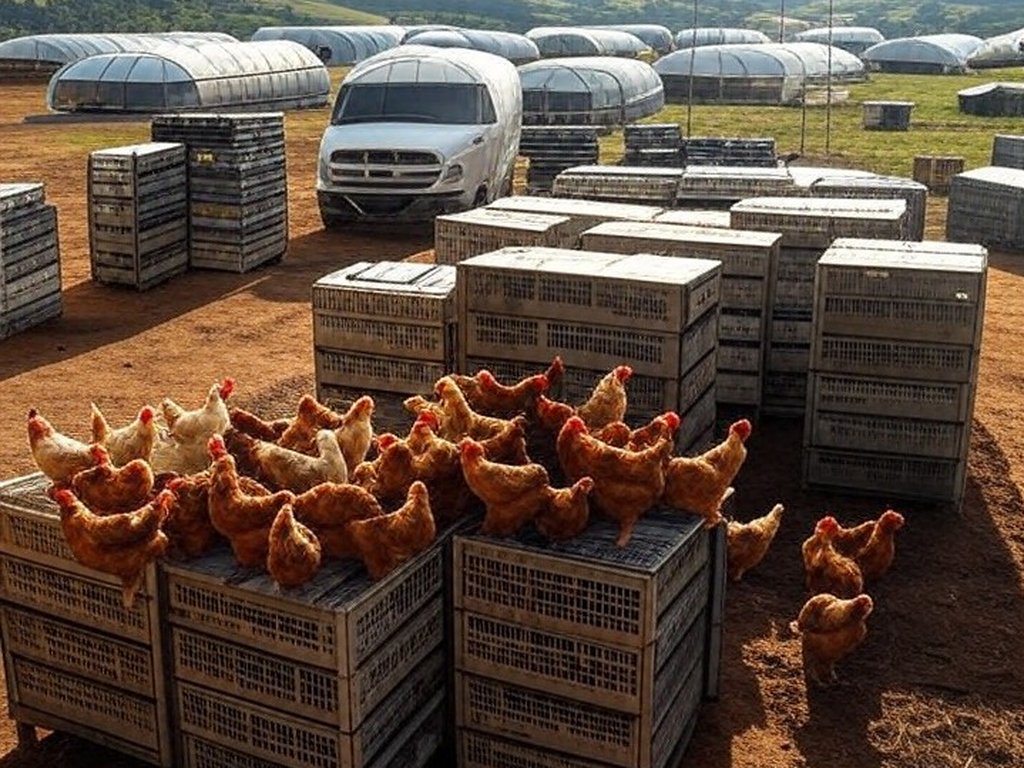 Granja de frangos no Rio Grande do Sul com caixas de exportação para a China, após fim de embargo sanitário.