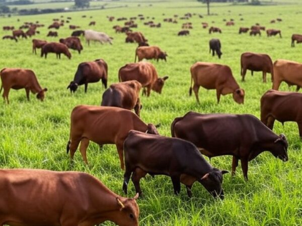 Rebanho de gado em fazenda brasileira, representando ameaça de botulismo na pecuária e vacinação como defesa.