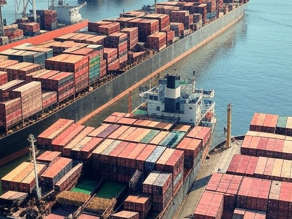 Porto de São Paulo com navios exportando produtos do agronegócio para a UE, gerando superávit em 2023.