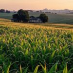 Paisagem rural brasileira com campos de milho e soja, simbolizando renegociação de dívidas de produtores familiares no Desenrola Rural.