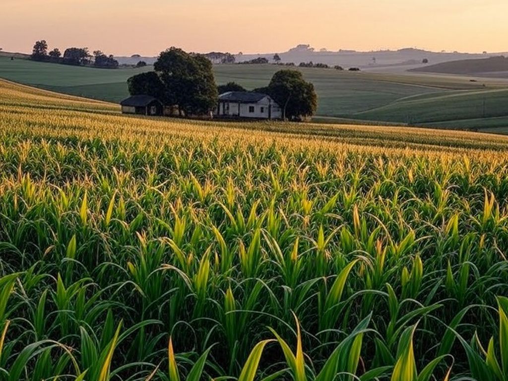 Paisagem rural brasileira com campos de milho e soja, simbolizando renegociação de dívidas de produtores familiares no Desenrola Rural.