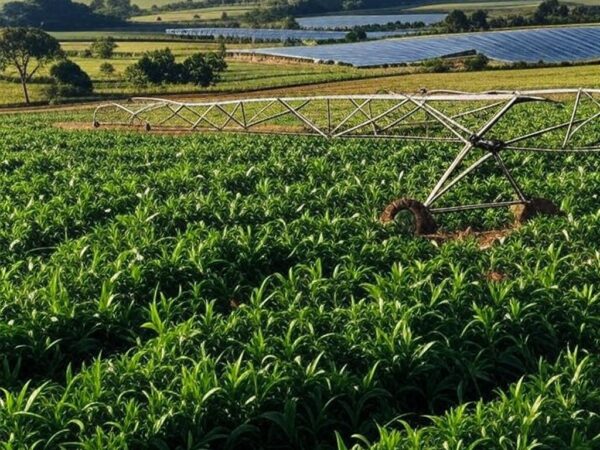 Paisagem agrícola sustentável no Brasil, com campos cultivados e painéis solares, representando cooperação com Costa Rica em sustentabilidade.