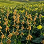 Plantação de soja no Rio Grande do Sul, Brasil, com campos verdes e vagens maduras.
