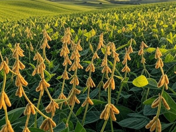 Plantação de soja no Rio Grande do Sul, Brasil, com campos verdes e vagens maduras.