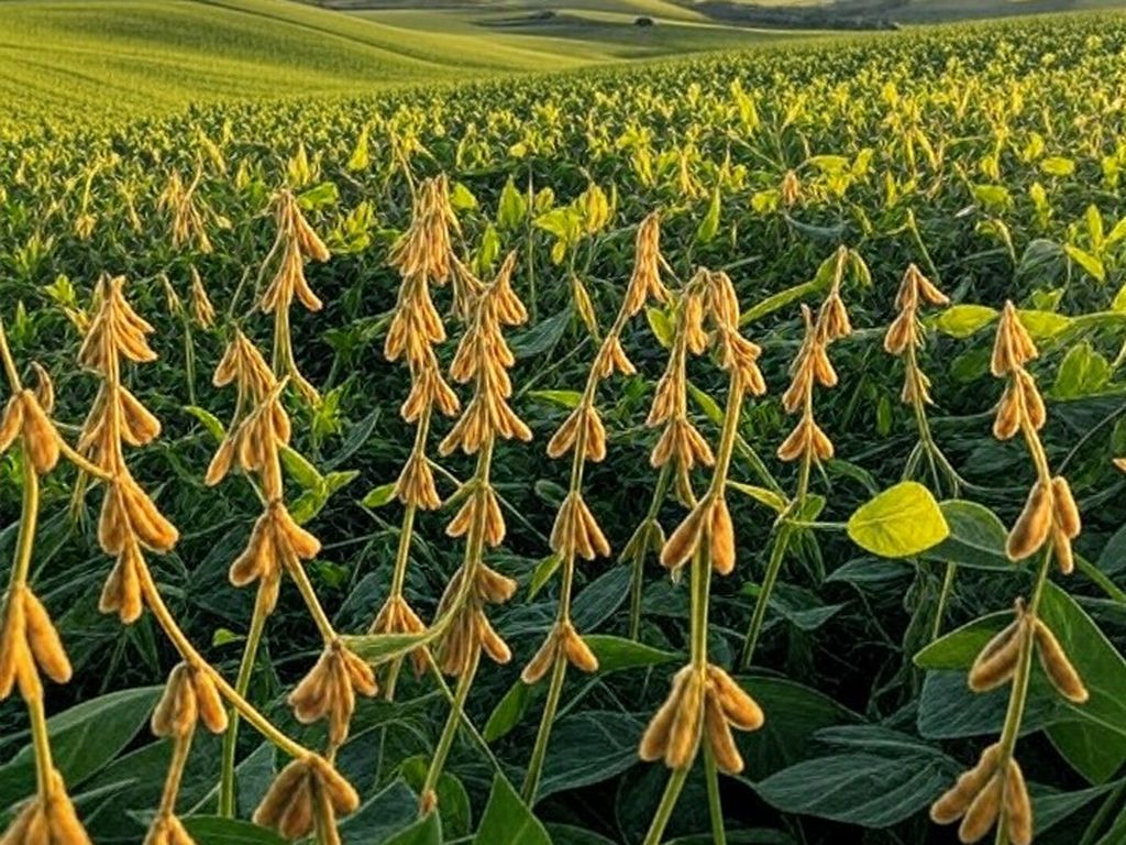 Plantação de soja no Rio Grande do Sul, Brasil, com campos verdes e vagens maduras.