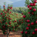 Pomar de macieiras no Brasil com frutas maduras, representando safra recorde de 1,35 milhão de toneladas.