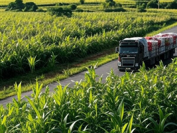 Campos de soja e milho no Brasil, representando o agronegócio com exportações acima de US$ 160 bilhões.