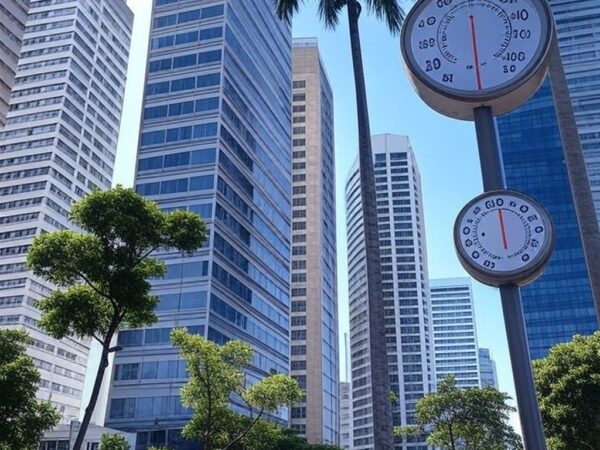 Paisagem urbana no Brasil durante onda de calor com termômetro marcando 40°C, sob sol intenso.