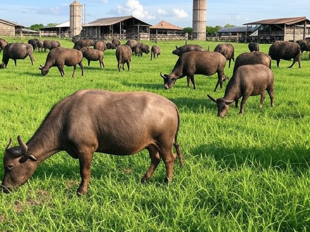 Fazenda brasileira com búfalos pastando, ilustrando expansão do mercado de leite de búfala e carnes premium.
