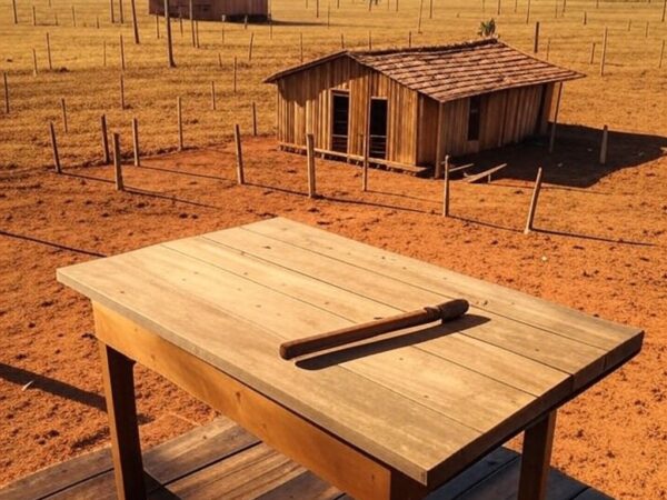 Fazenda Buriti Alto I no Piauí com paisagem de caatinga e martelo de leilão judicial, representando venda por R$ 7,2 milhões.