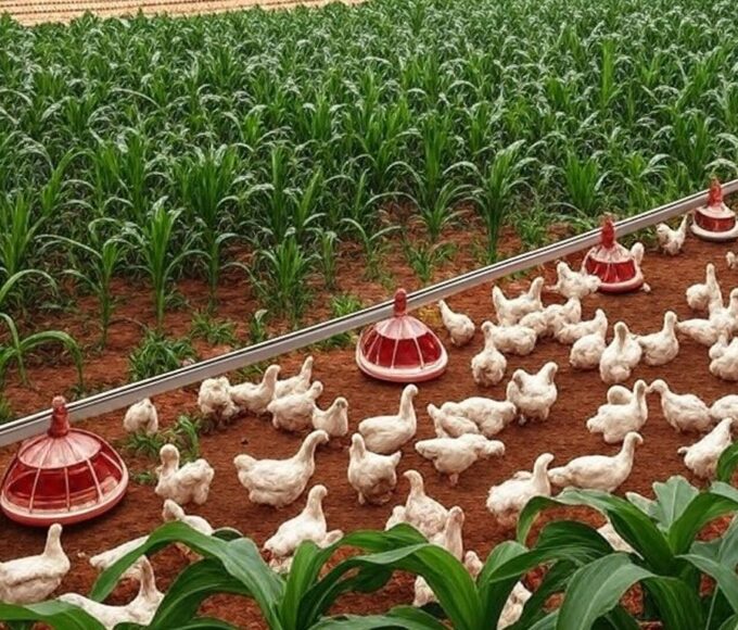 Granja avícola brasileira com plantações de milho e soja ao fundo, representando desafios no poder de compra dos avicultores.