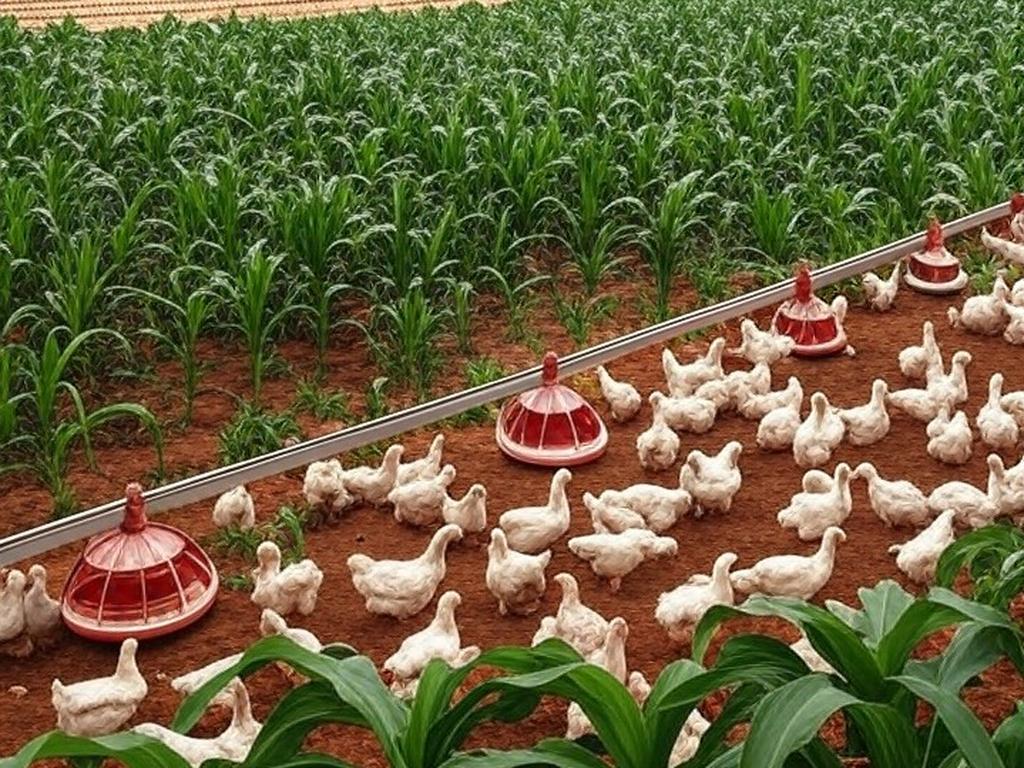 Granja avícola brasileira com plantações de milho e soja ao fundo, representando desafios no poder de compra dos avicultores.