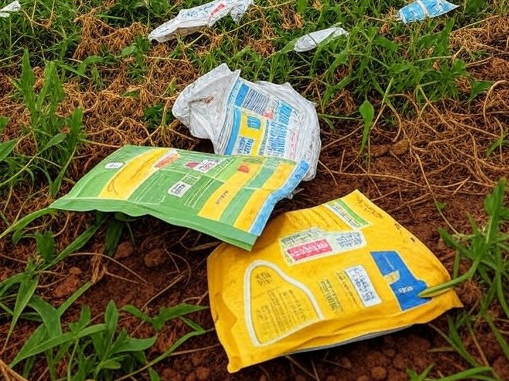 Lavoura de soja no Brasil com embalagens de insumos agrícolas falsificados espalhadas no solo.