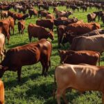 Fazenda pecuária brasileira com gado pastando e elementos de abatedouro, ilustrando peso vivo e rendimento de carcaça no mercado.