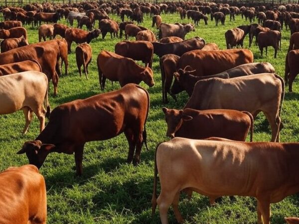 Fazenda pecuária brasileira com gado pastando e elementos de abatedouro, ilustrando peso vivo e rendimento de carcaça no mercado.