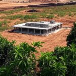 Terreno agrícola no Tocantins com preparativos para montagem de entreposto da Castrolanda, paisagem de savana e equipamentos de construção.