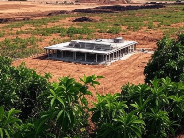 Terreno agrícola no Tocantins com preparativos para montagem de entreposto da Castrolanda, paisagem de savana e equipamentos de construção.
