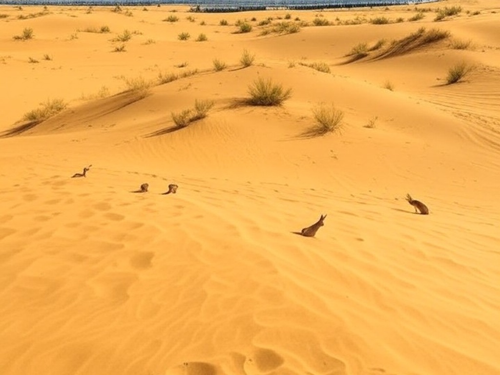 Deserto de Kubuqi transformado com coelhos pastando e parque solar na China.