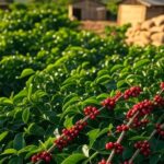 Plantação de café em Minas Gerais, Brasil, com grãos maduros e sacas, representando estabilidade no mercado físico.