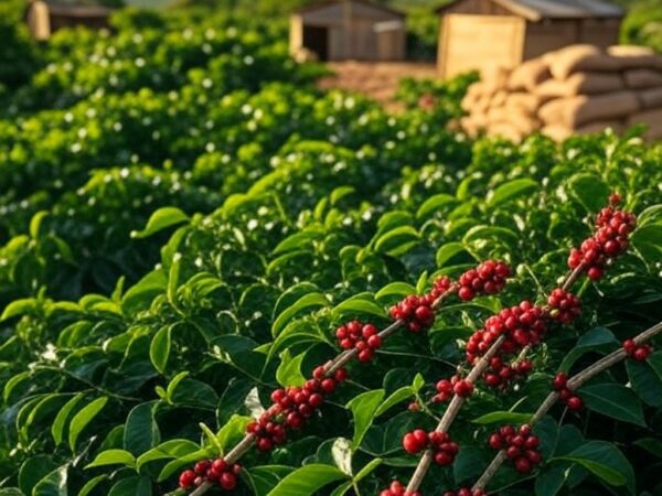 Plantação de café em Minas Gerais, Brasil, com grãos maduros e sacas, representando estabilidade no mercado físico.