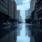 Rua em São Paulo sob chuva forte de frente fria, com nuvens escuras e poças d'água refletindo prédios.