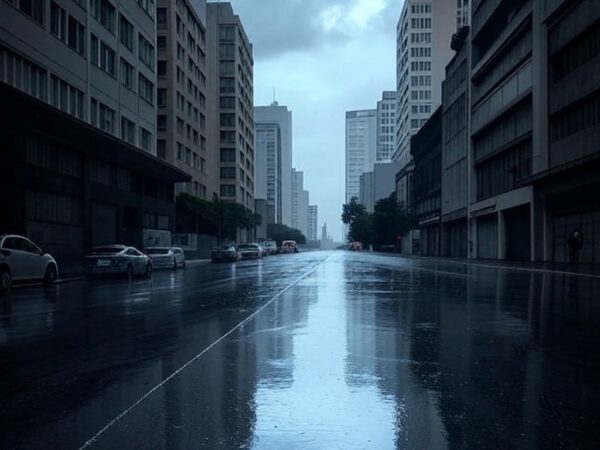 Rua em São Paulo sob chuva forte de frente fria, com nuvens escuras e poças d'água refletindo prédios.