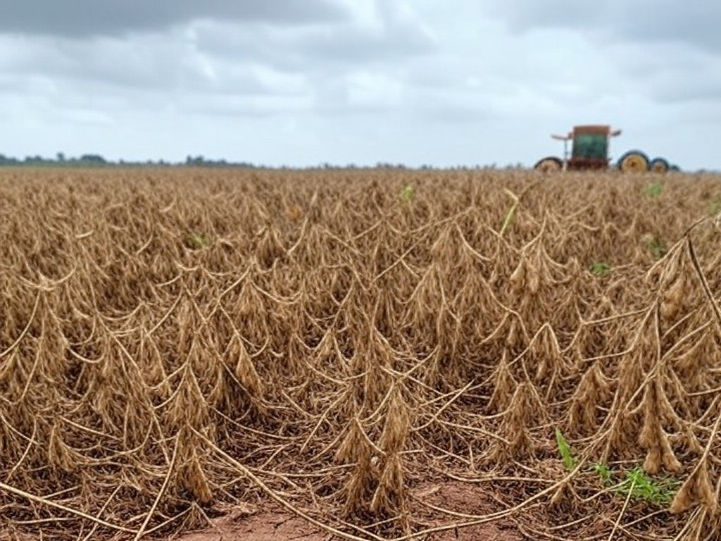 Plantação de soja seca no Brasil representando perdas agrícolas apesar de auxílios.