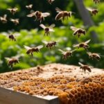 Abelhas voando perto de colmeia na Mata Atlântica brasileira, ilustrando estudo sobre emoções como otimismo e pessimismo.