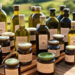 Produtos artesanais brasileiros como cachaça, azeite e doce de leite em mesa rústica de fazenda, representando o Prêmio Brasil Artesanal 2024.