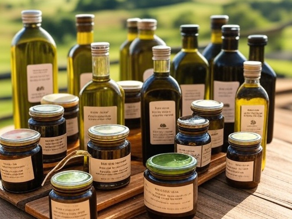 Produtos artesanais brasileiros como cachaça, azeite e doce de leite em mesa rústica de fazenda, representando o Prêmio Brasil Artesanal 2024.