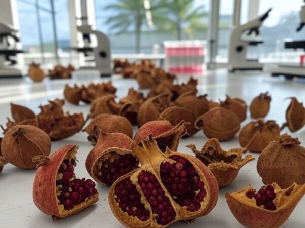 Cascas de romã processadas em laboratório da Unicamp para curativo biodegradável para feridas.