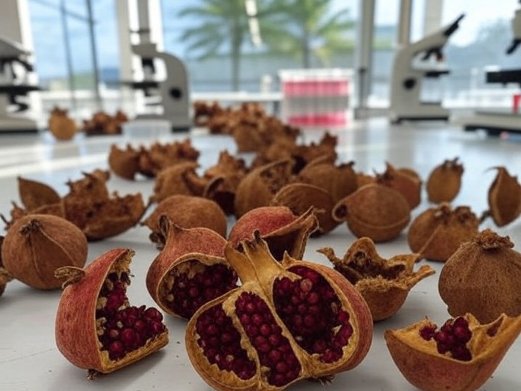 Cascas de romã processadas em laboratório da Unicamp para curativo biodegradável para feridas.