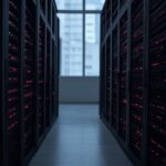 Data center em São Paulo com servidores e telas mostrando falhas em arquivos digitais.