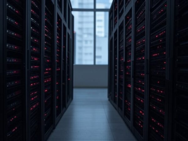 Data center em São Paulo com servidores e telas mostrando falhas em arquivos digitais.
