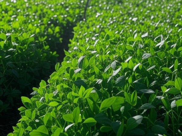 Lavoura de soja com sistemas de irrigação sustentável no agronegócio brasileiro, representando soluções TracNew.