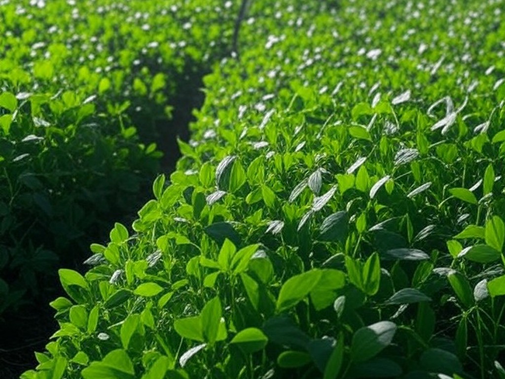 Lavoura de soja com sistemas de irrigação sustentável no agronegócio brasileiro, representando soluções TracNew.