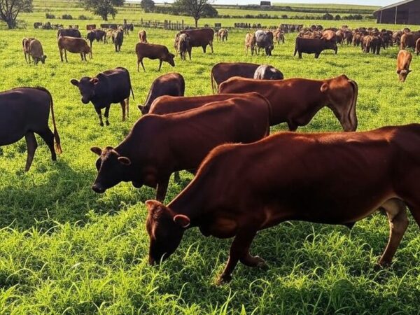Rebanho de gado Girolando em fazenda brasileira, representando recorde de 52 mil registros genealógicos em 2023.