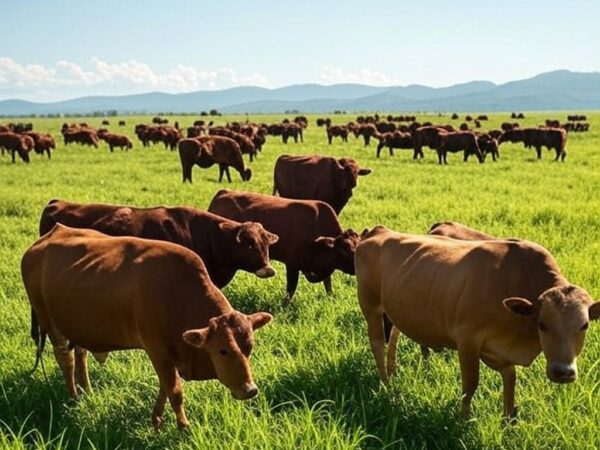Rebanho de gado em fazenda brasileira, representando pressão por cotas de carne bovina premium para a China.