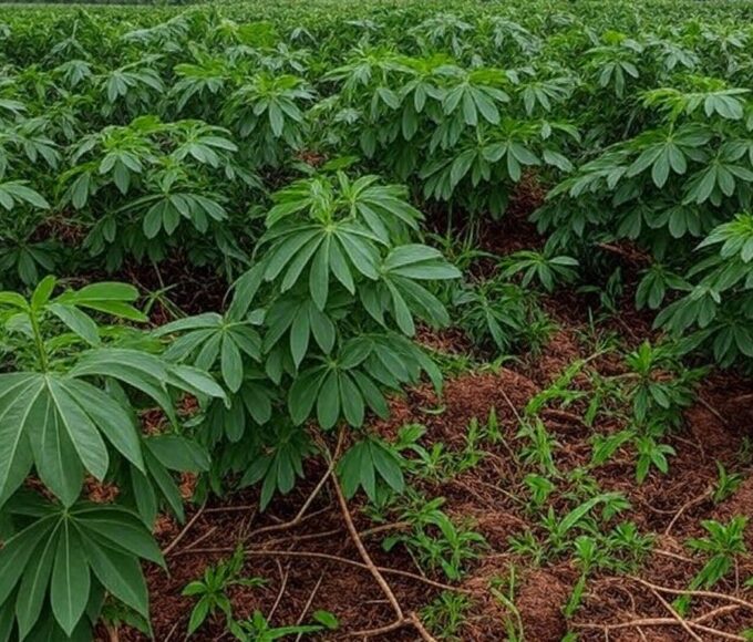 Plantação de mandioca no Paraná com raízes expostas, ilustrando queda de 3,3% nos preços ao mínimo desde 2023.