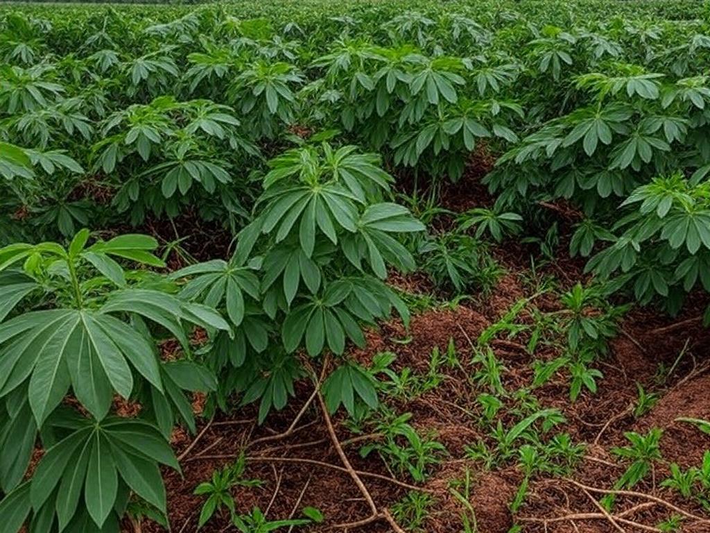 Plantação de mandioca no Paraná com raízes expostas, ilustrando queda de 3,3% nos preços ao mínimo desde 2023.