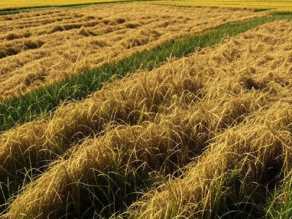 Campos de grãos na China durante colheita recorde, com máquinas agrícolas e paisagem rural.