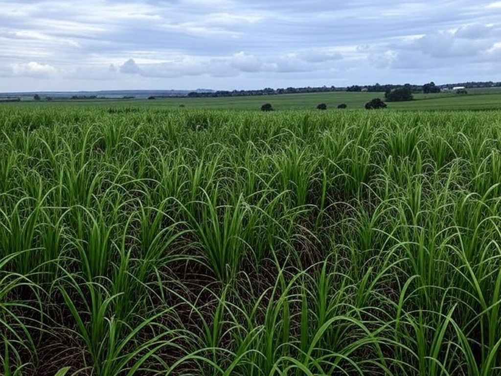 Plantação de cana-de-açúcar no Brasil sob céu nublado, representando zoneamento climático atualizado.
