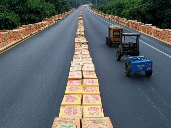 Rodovia BA-262 na Bahia bloqueada por barreiras de caixas de cacau em protesto de produtores por preços justos, com plantações ao fundo.