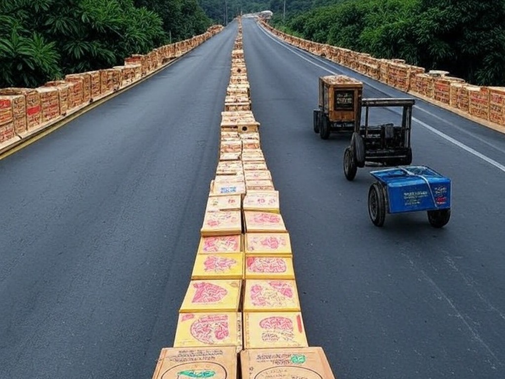 Rodovia BA-262 na Bahia bloqueada por barreiras de caixas de cacau em protesto de produtores por preços justos, com plantações ao fundo.