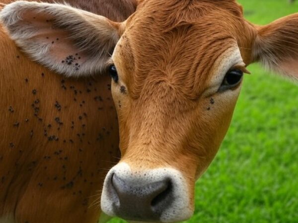Infestação de carrapatos em gado bovino em fazenda brasileira, comprometendo a rentabilidade da pecuária.