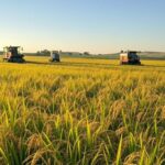 Campo de arroz em colheita com inovações agrícolas em Capão do Leão, RS, Brasil.
