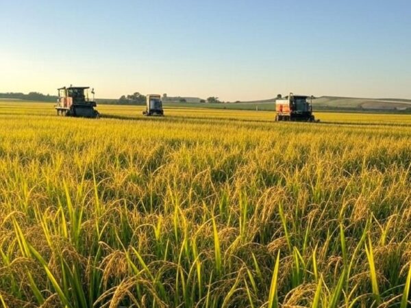 Campo de arroz em colheita com inovações agrícolas em Capão do Leão, RS, Brasil.